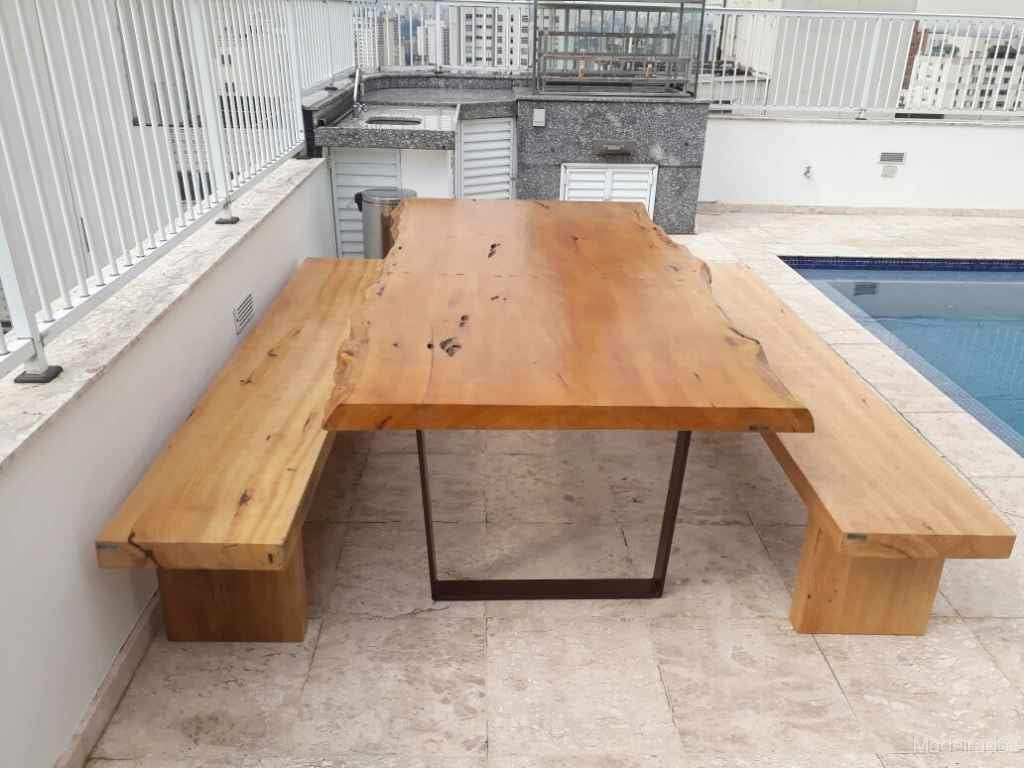 Conjunto Cabapuã Mesa 2 Bancos de Madeira Maciça Pequiá 220 x 11